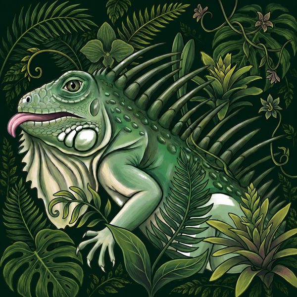 VocabLearn's mascot: a green iguana illustrated among tropical leaves and flowers